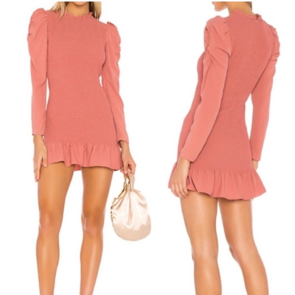 Amanda Uprichard Rhiannon Smocked Puff Sleeve Ruffle Hem Short Dress - Picture 5 of 5